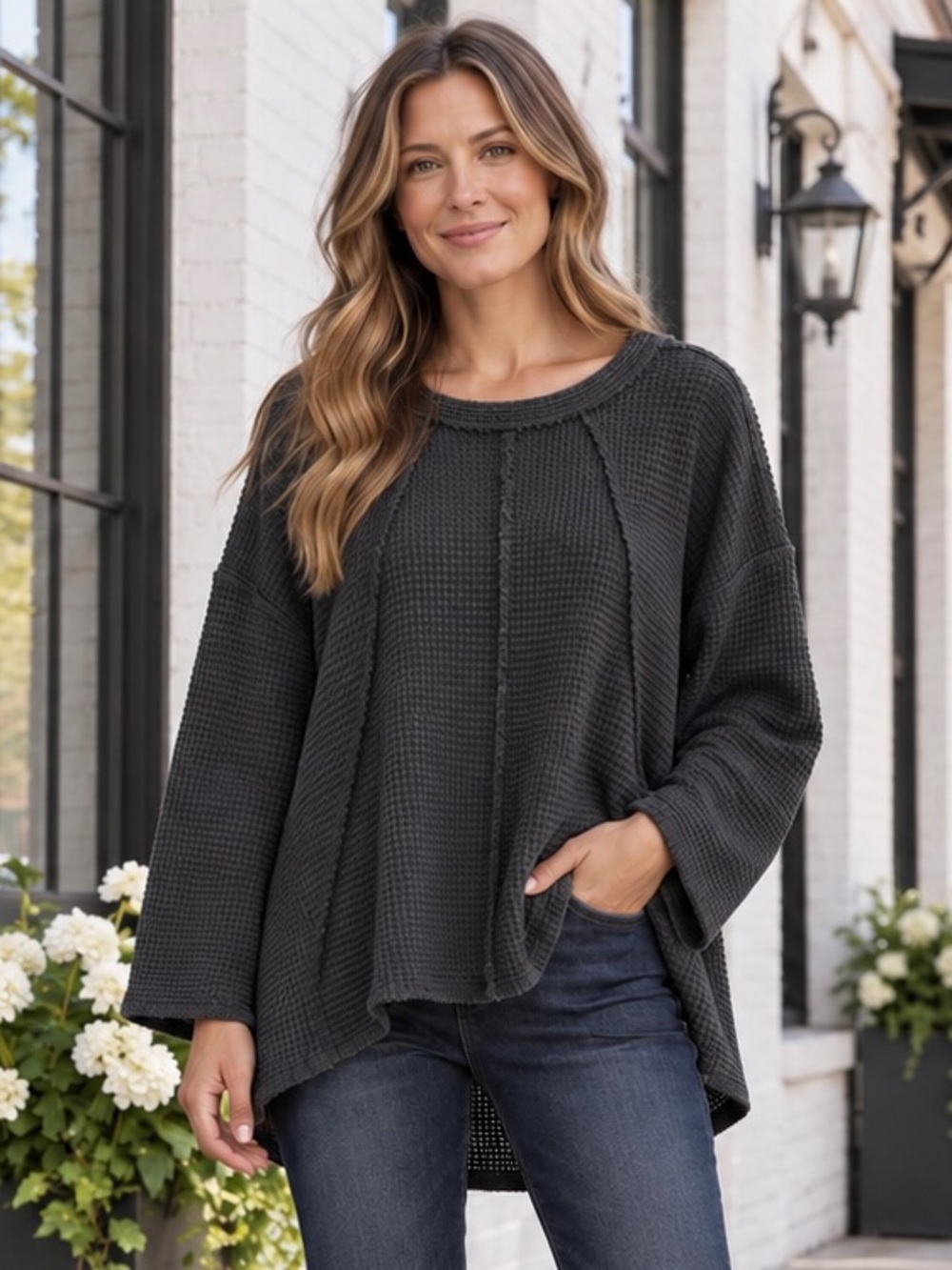 NEW Umgee Dark Gray Grey Charcoal Thermal Lightweight Oversize Comfy Fall Shirt